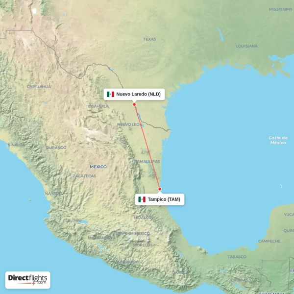 Nuevo Laredo - Tampico direct flight map