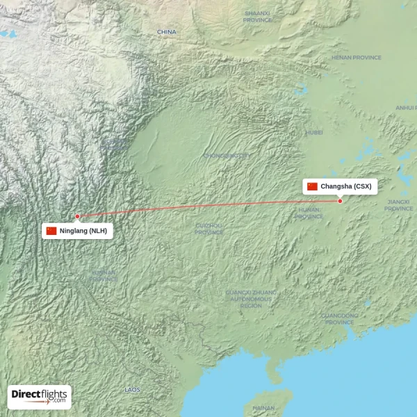 Ninglang - Changsha direct flight map