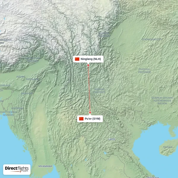 Ninglang - Pu'er direct flight map