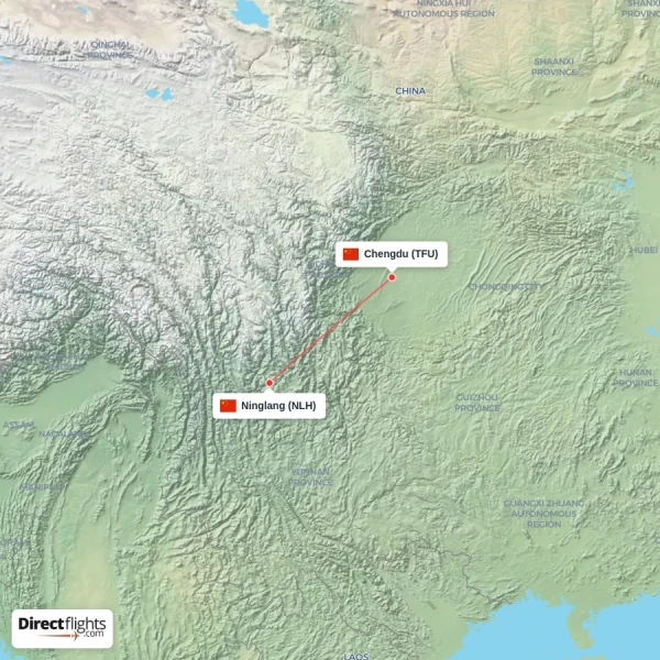 Ninglang - Chengdu direct flight map