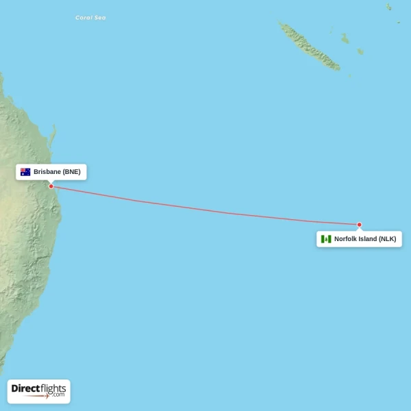 Norfolk Island - Brisbane direct flight map
