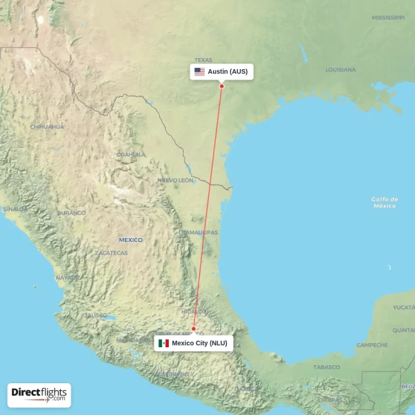 Mexico City - Austin direct flight map