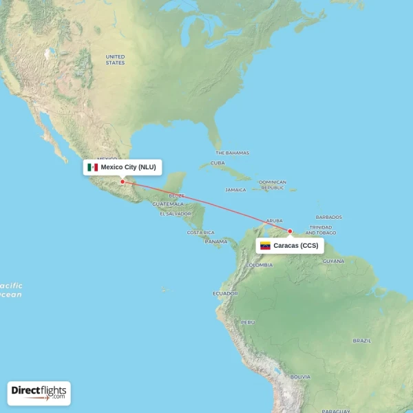 Mexico City - Caracas direct flight map