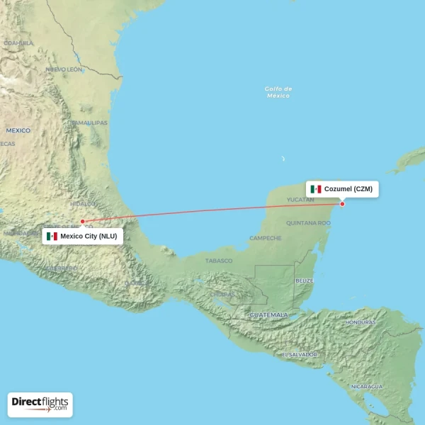 Mexico City - Cozumel direct flight map
