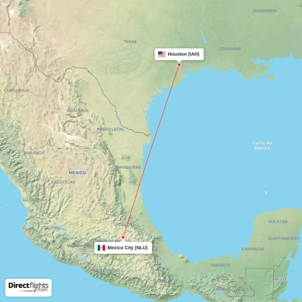 Mexico City - Houston direct flight map