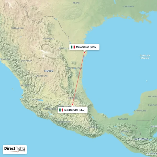 Mexico City - Matamoros direct flight map