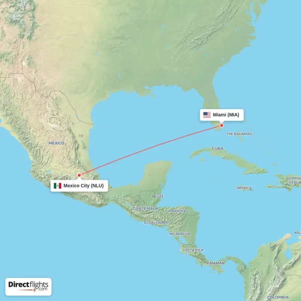 Mexico City - Miami direct flight map