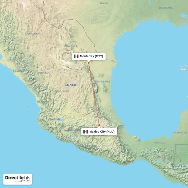 Mexico City - Monterrey direct flight map