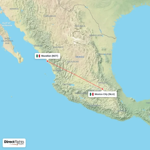 Mexico City - Mazatlan direct flight map