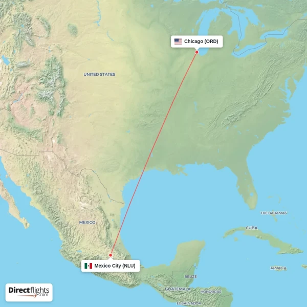 Mexico City - Chicago direct flight map