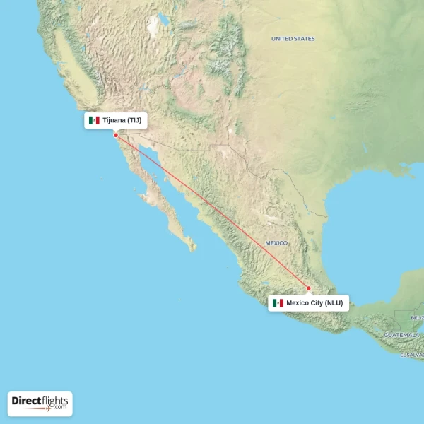 Mexico City - Tijuana direct flight map