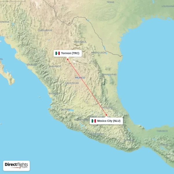Mexico City - Torreon direct flight map