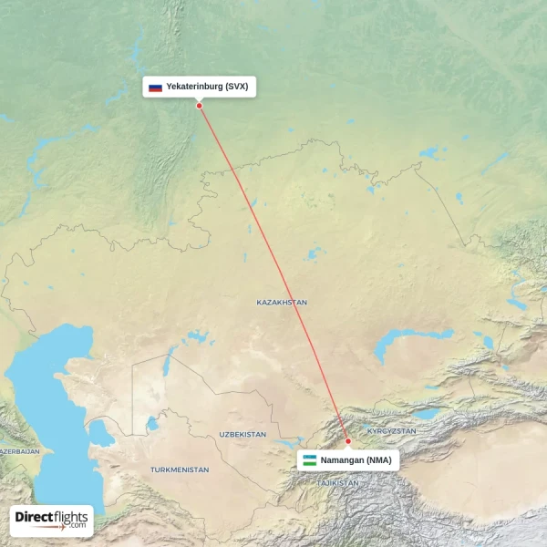 Namangan - Yekaterinburg direct flight map