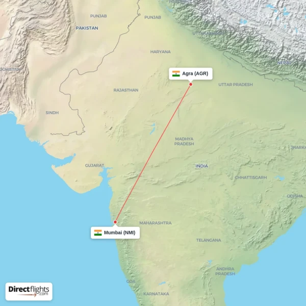 Mumbai - Agra direct flight map