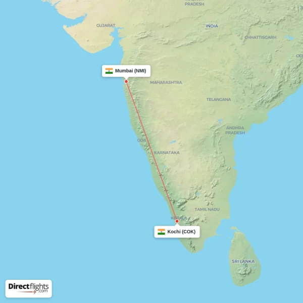 Mumbai - Kochi direct flight map