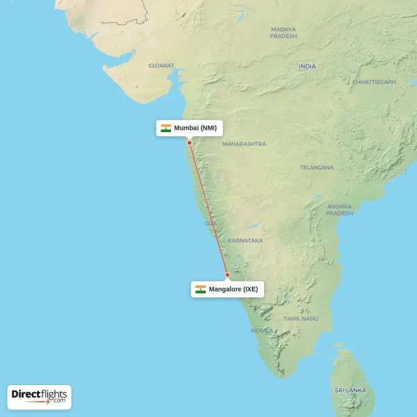 Mumbai - Mangalore direct flight map
