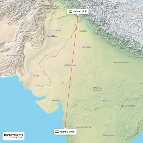 Mumbai - Jammu direct flight map