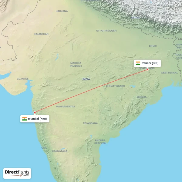Mumbai - Ranchi direct flight map