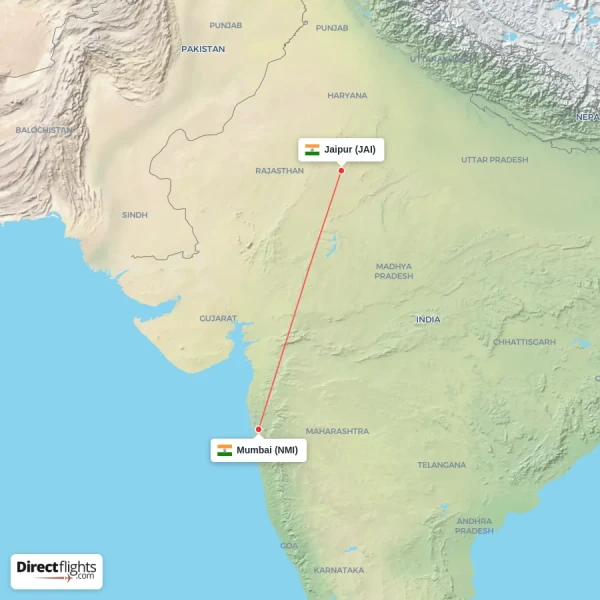 Mumbai - Jaipur direct flight map