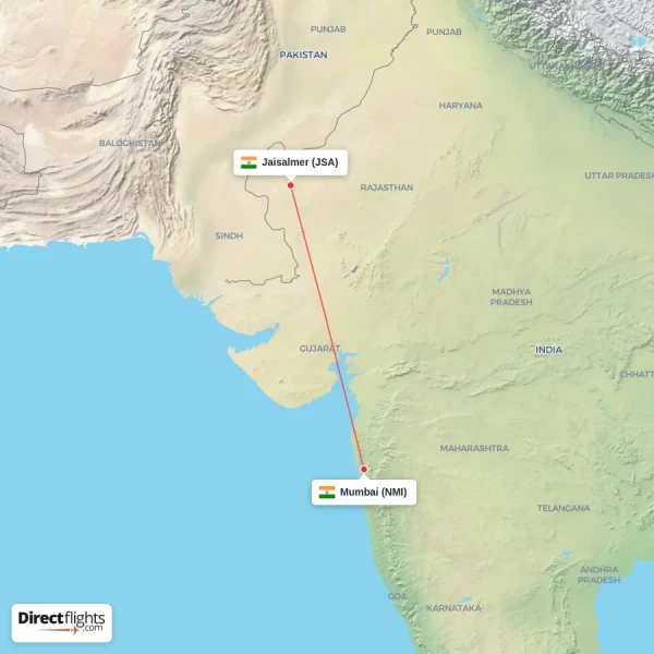 Mumbai - Jaisalmer direct flight map