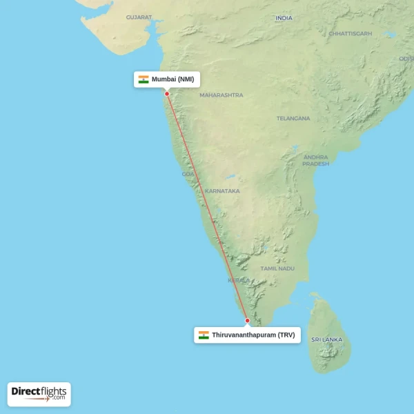 Mumbai - Thiruvananthapuram direct flight map