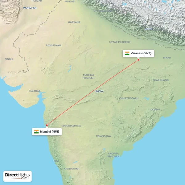 Mumbai - Varanasi direct flight map