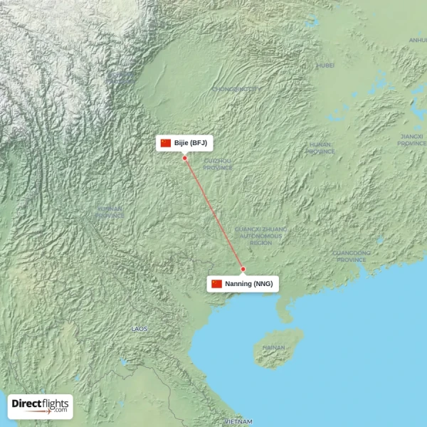 Nanning - Bijie direct flight map