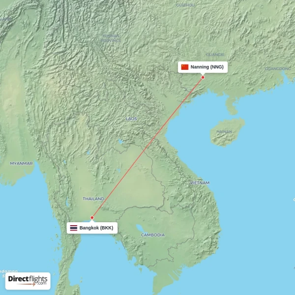 Nanning - Bangkok direct flight map