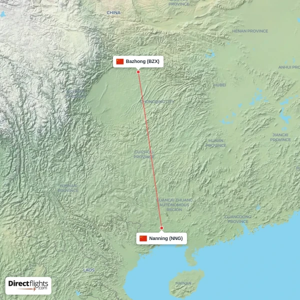 Nanning - Bazhong direct flight map