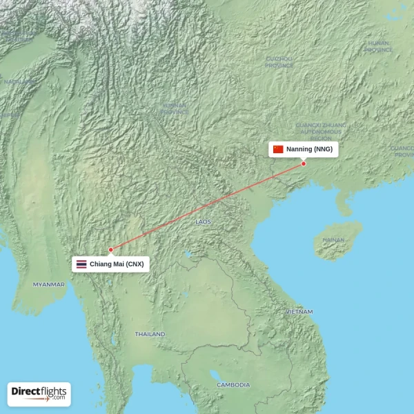 Nanning - Chiang Mai direct flight map