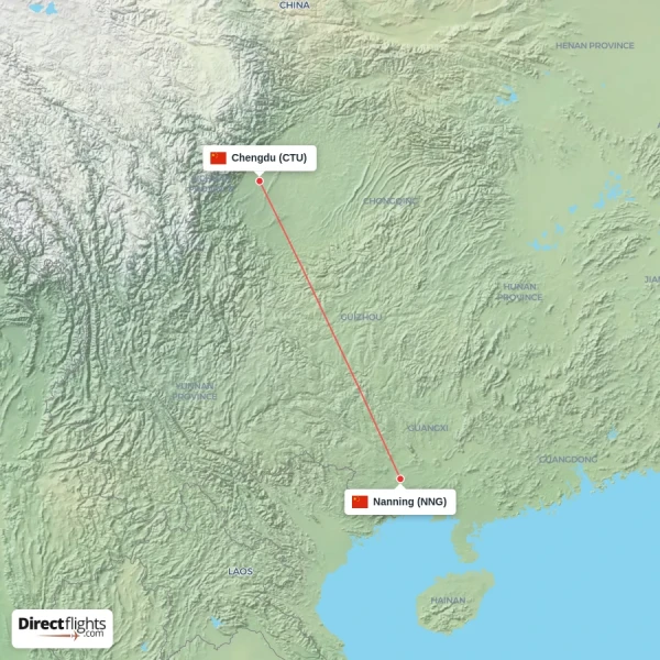 Nanning - Chengdu direct flight map