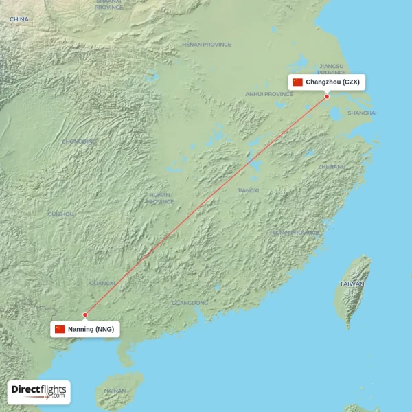 Nanning - Changzhou direct flight map