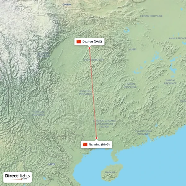 Nanning - Dazhou direct flight map