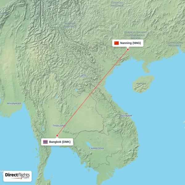 Nanning - Bangkok direct flight map