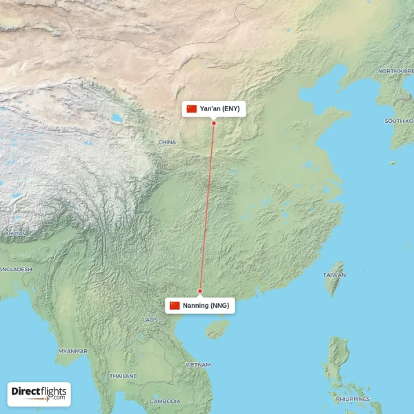 Nanning - Yan'an direct flight map