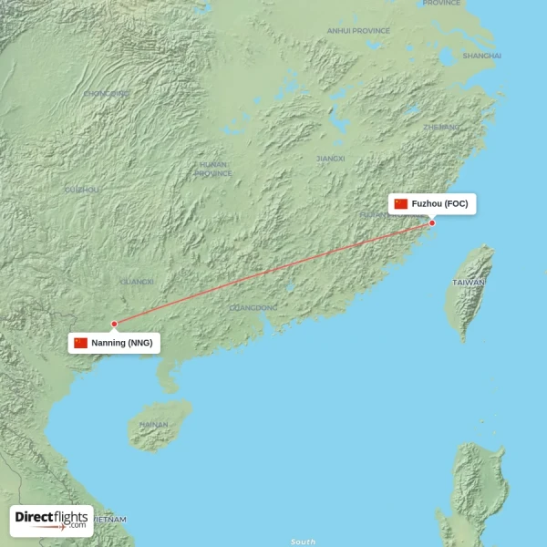 Nanning - Fuzhou direct flight map
