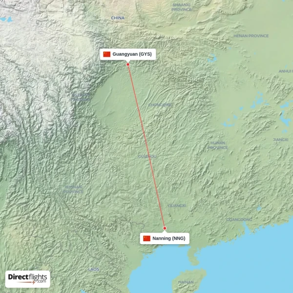 Nanning - Guangyuan direct flight map