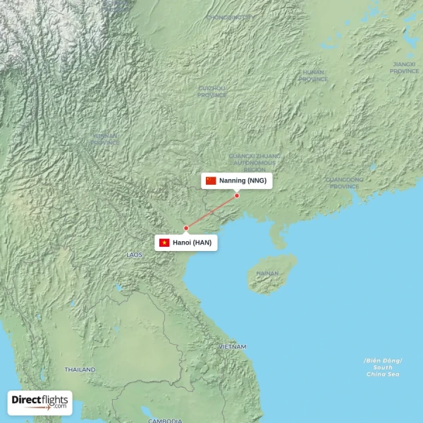 Nanning - Hanoi direct flight map