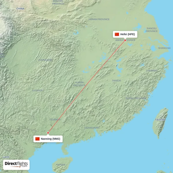 Nanning - Hefei direct flight map