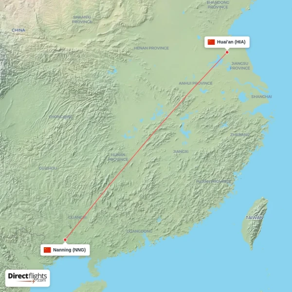 Nanning - Huai'an direct flight map
