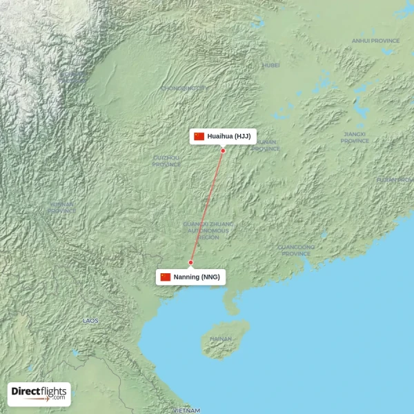 Nanning - Huaihua direct flight map