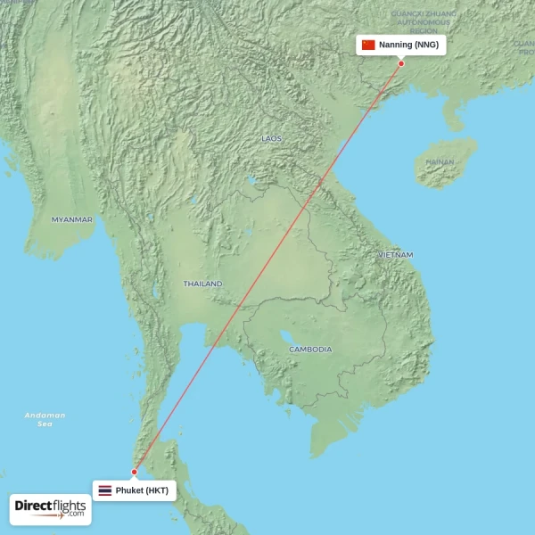 Nanning - Phuket direct flight map