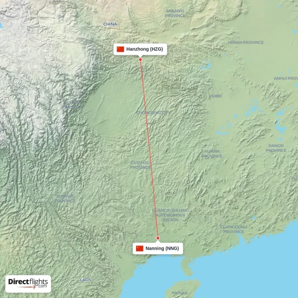 Nanning - Hanzhong direct flight map