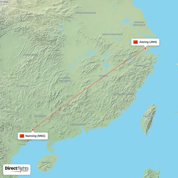 Nanning - Jiaxing direct flight map