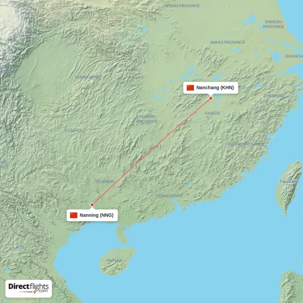 Nanning - Nanchang direct flight map
