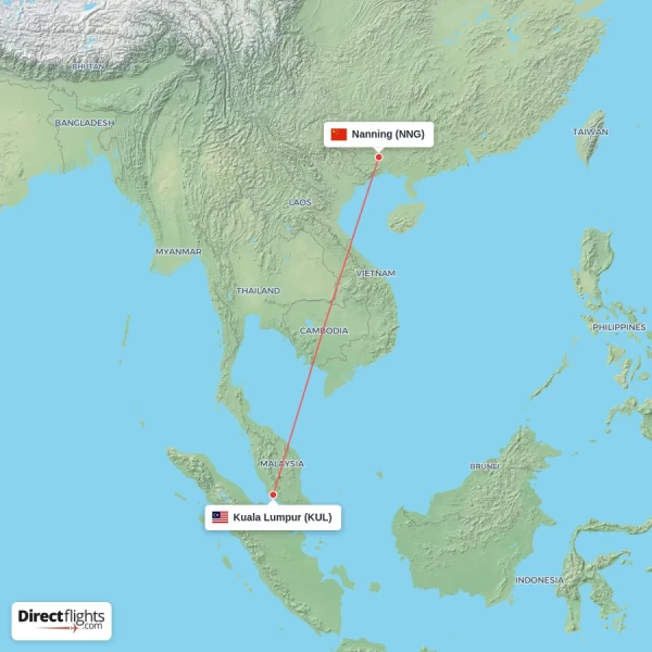 Nanning - Kuala Lumpur direct flight map