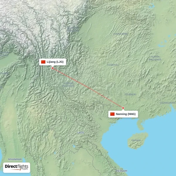 Nanning - Lijiang direct flight map
