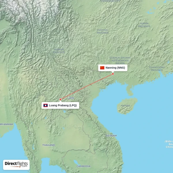 Nanning - Luang Prabang direct flight map