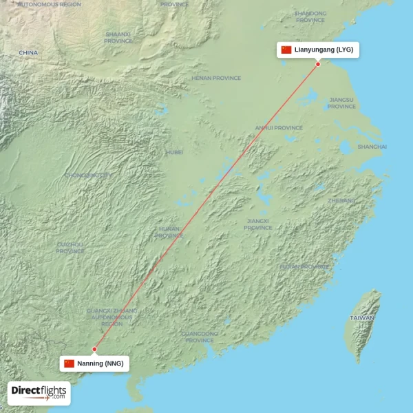 Nanning - Lianyungang direct flight map