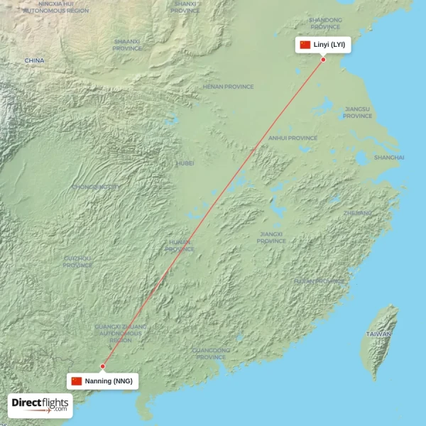 Nanning - Linyi direct flight map